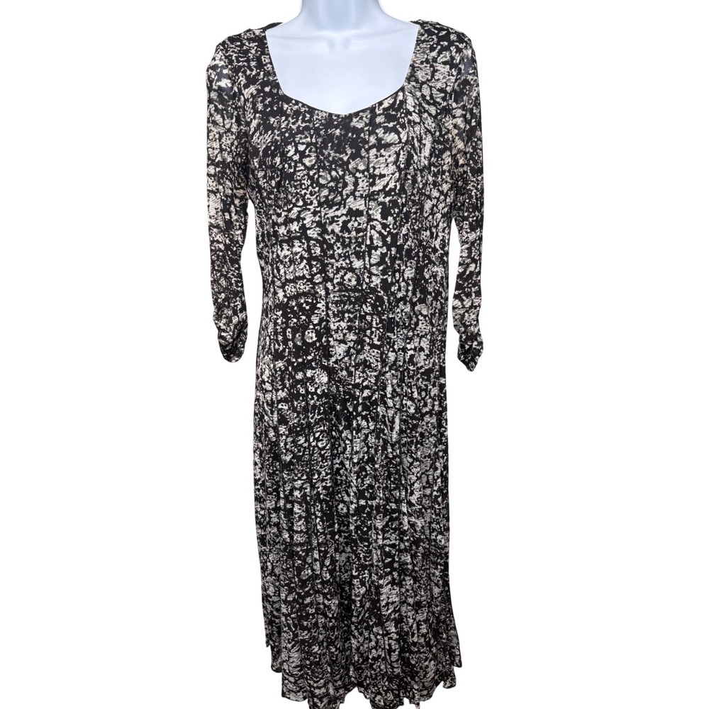 COLDWATER CREEK Black White Abstract Mesh Ruched Midi Dress Sz 10 Office Artsy